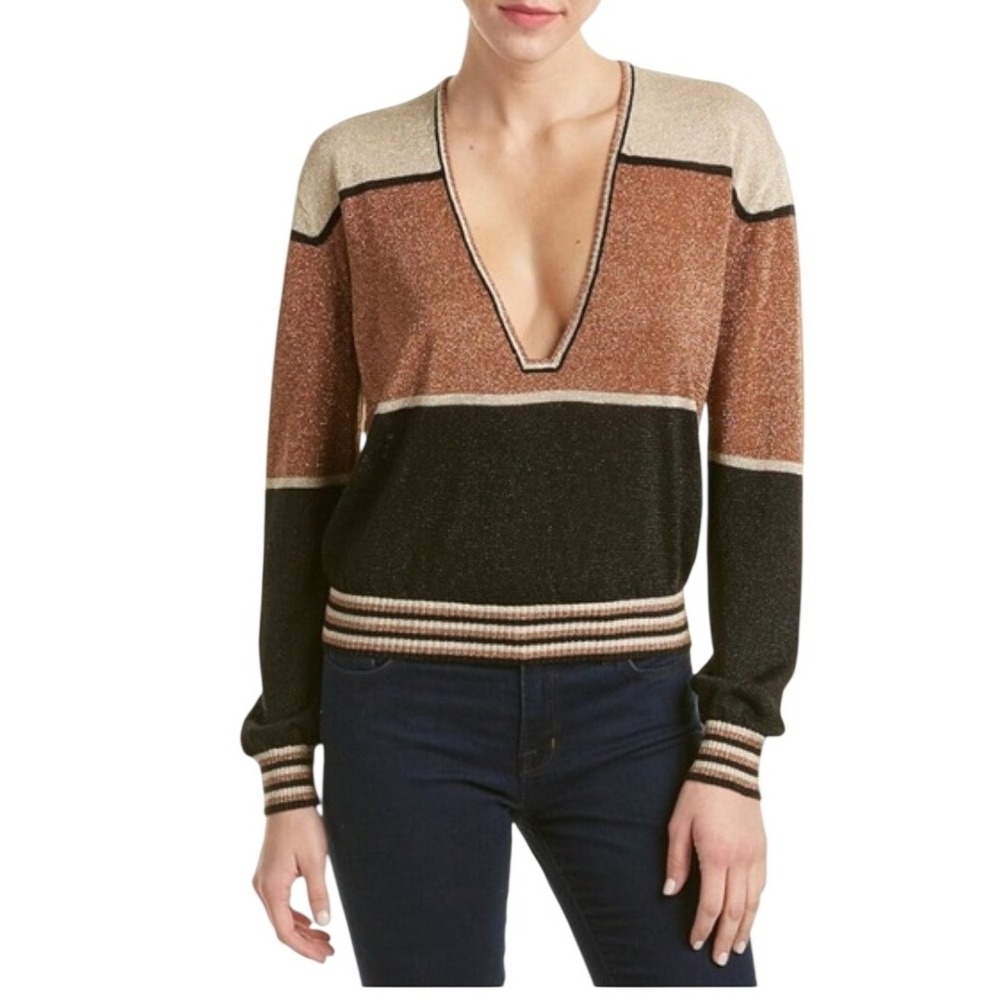 Free People Womens Metallic Deep V-Neck Colorblock Linen Sweater M, Boho